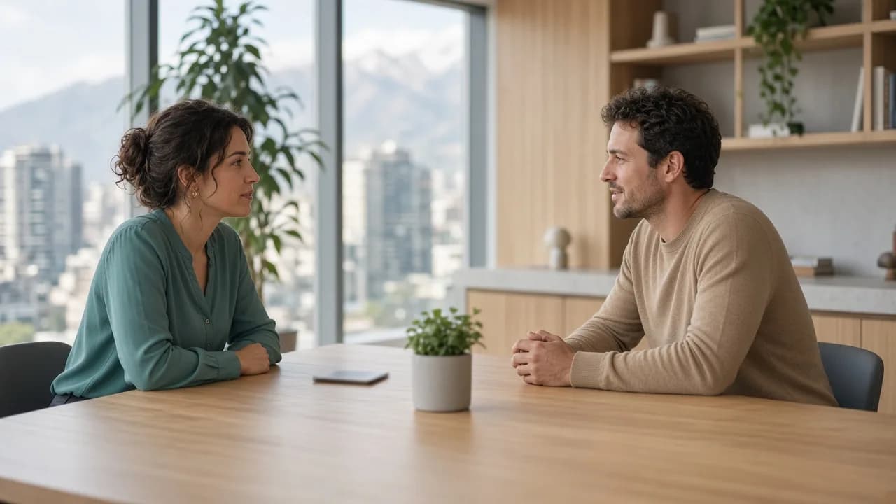 Dos profesionales conversan en una oficina luminosa