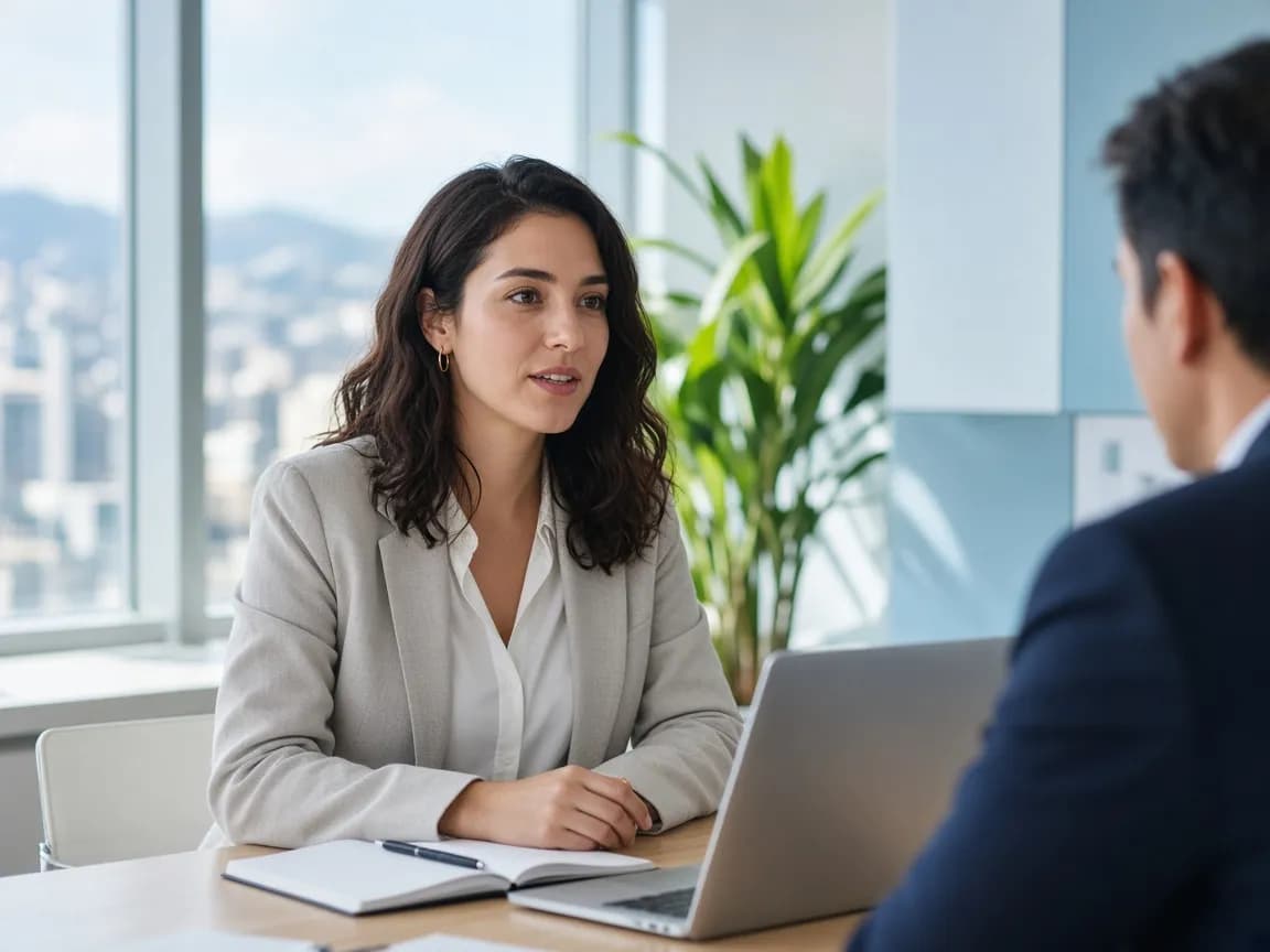 Una profesional se prepara para una entrevista junto a un consultor